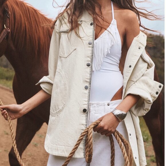 NWT Anthropologie Tillie Relaxed Denim Whipstitch Shacket COTTAGECORE, Size XS - Picture 5 of 8